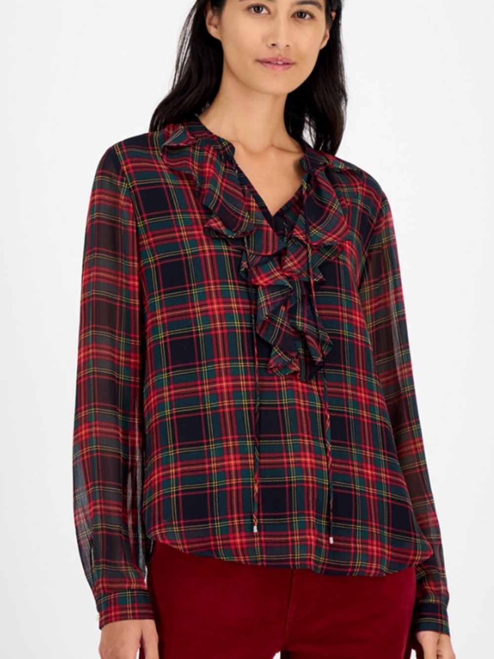 Tommy Hilfiger Plaid Ruffled Chiffon Holiday Blouse Size Small